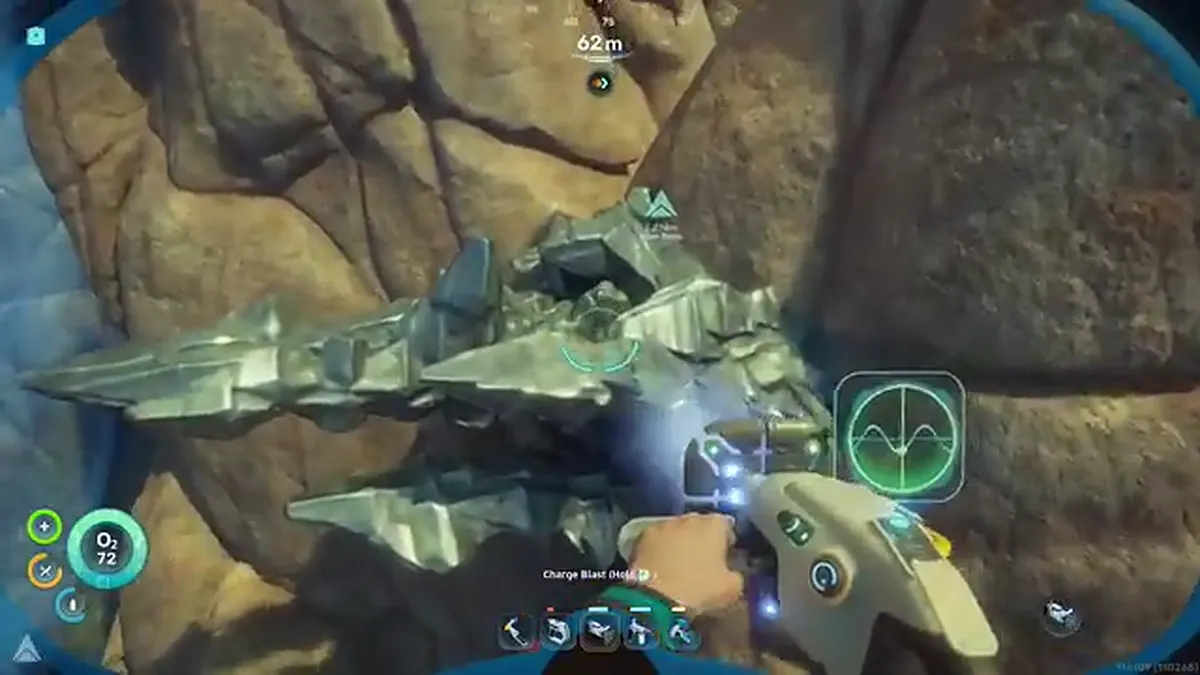 Subnautica 2 scanning route with tool HUD visible