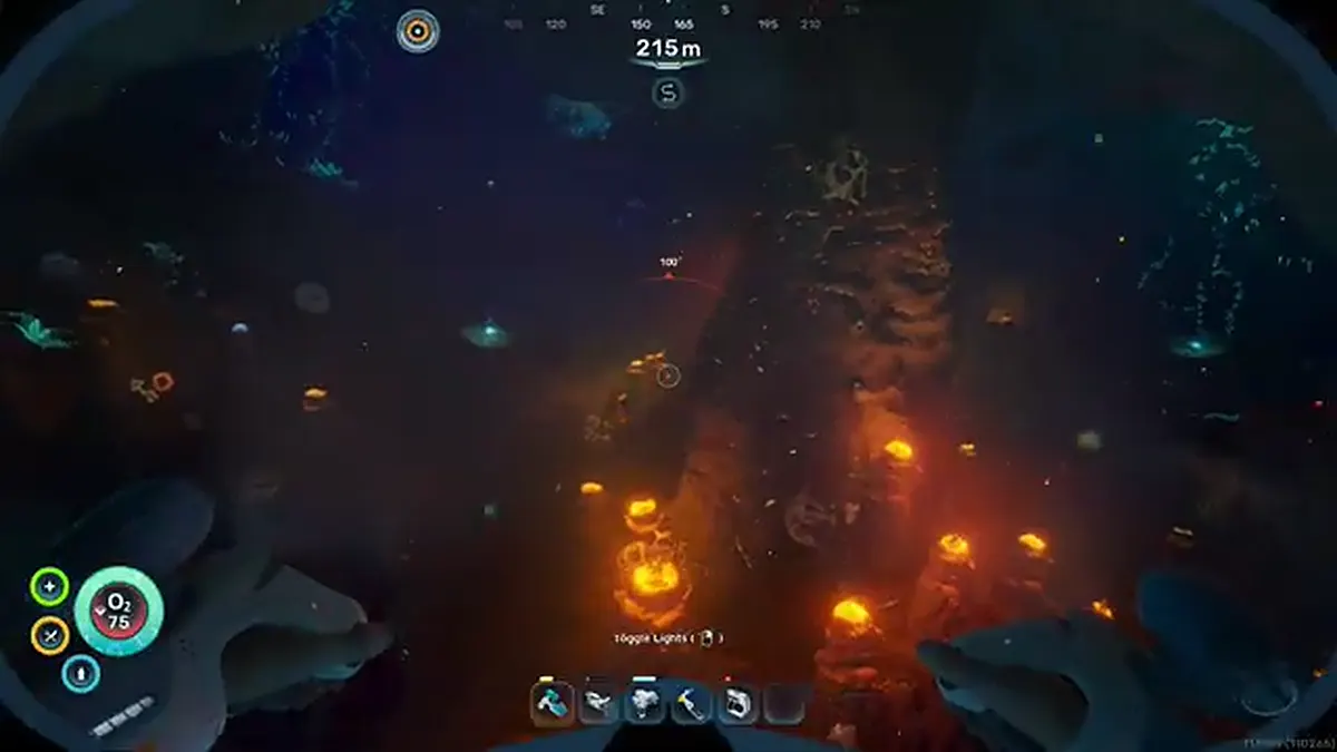 Cave and story route terrain in Subnautica 2 with hot area lighting