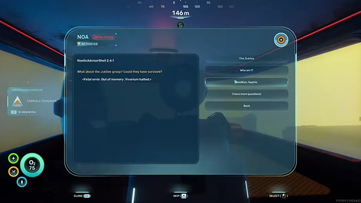 NOA log screen after a Subnautica 2 story route step